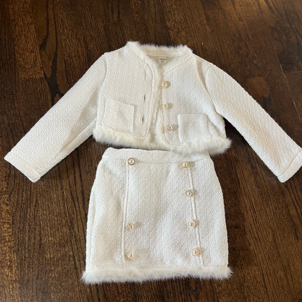 Chic White Faux Fur Trimmed Set Tweed Girls Toddlers clothes